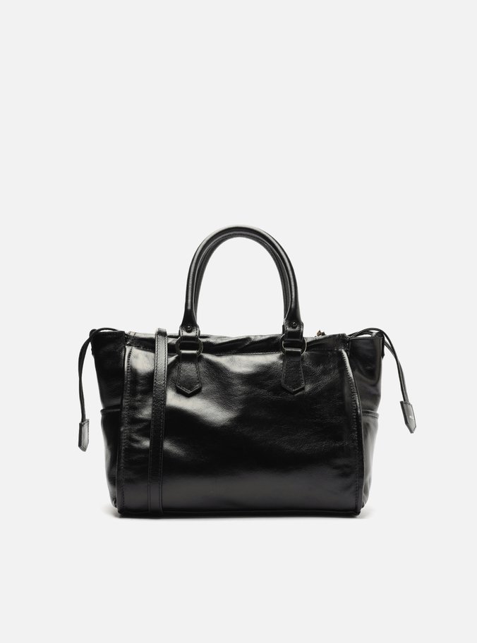 Bolsa Tote Preta Couro Média Bolso Frontal