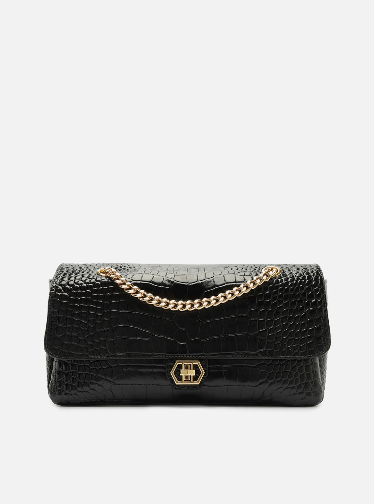 Bolsa Tiracolo Preta Couro Grande Croco Corrente
