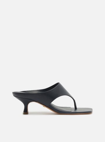 Sandália Azul Couro Salto Kitten Tira Thong