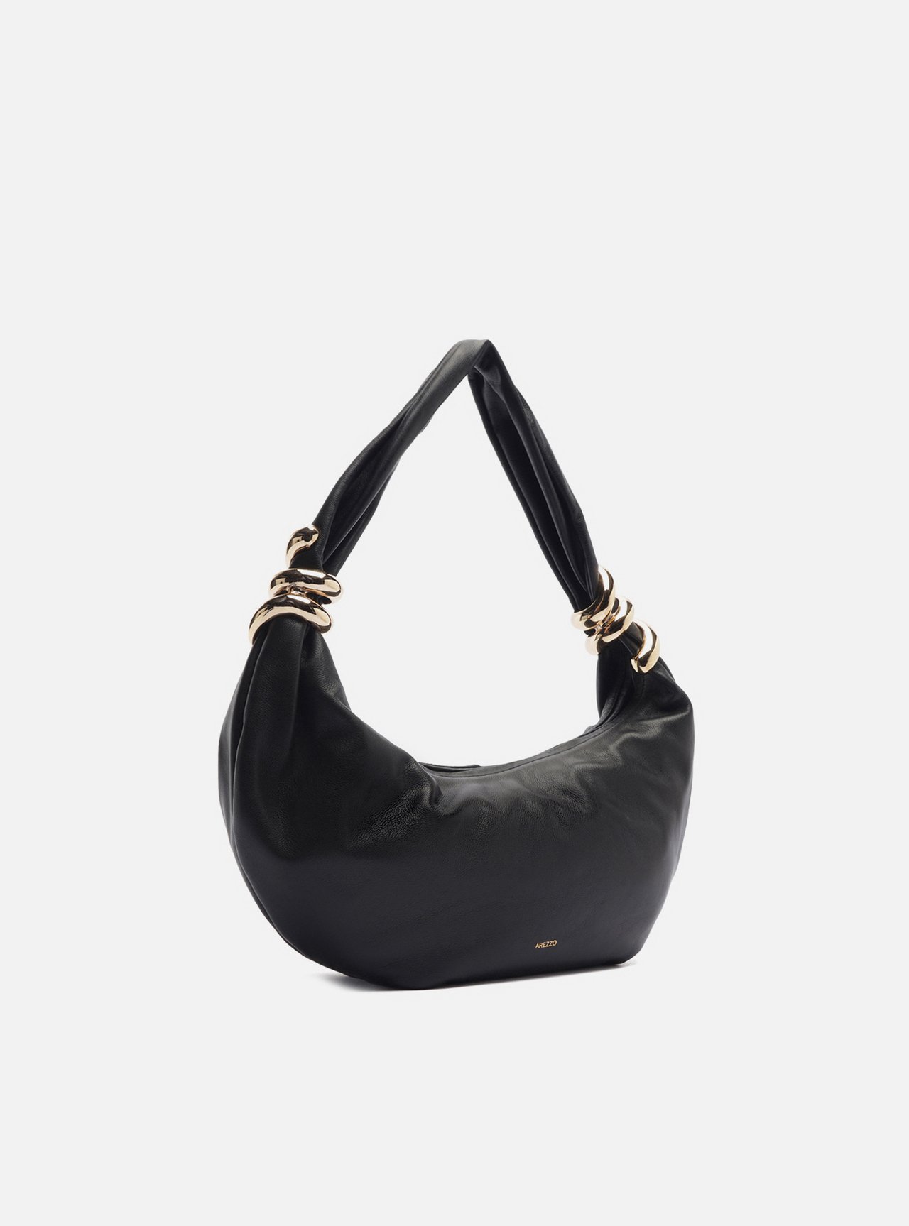 Bolsa Hobo Preta Couro Média Argolas Douradas — foto 5