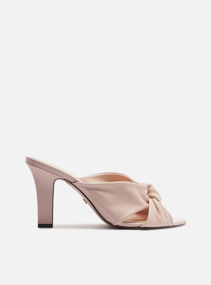 Sandália Mule Rosa Couro Salto Bloco Tiras