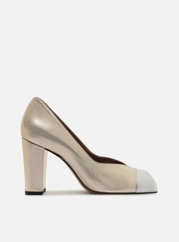 Arezzo — Scarpin Dourado Couro Salto Bloco Cap Toe Prata