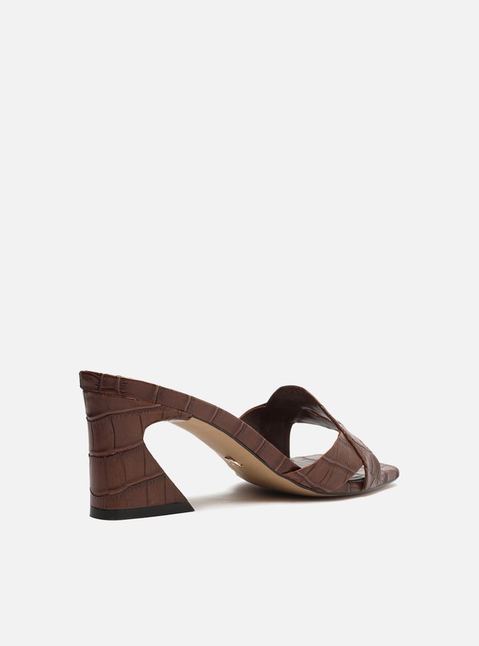 Sandália Marrom Croco Bico Quadrado Flare