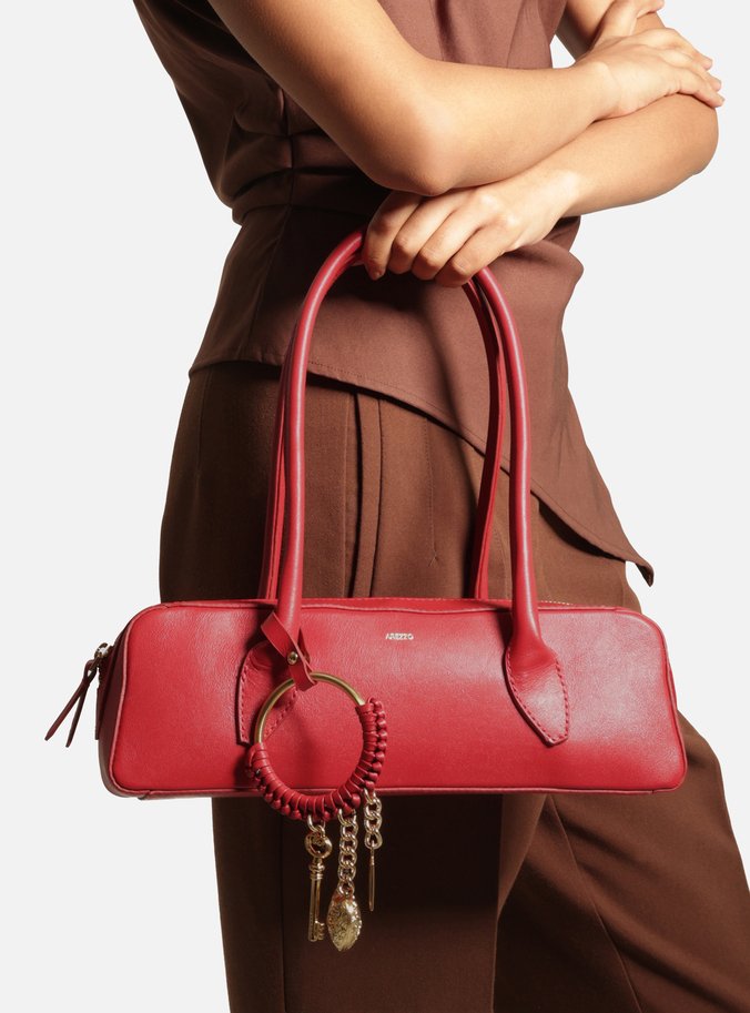 Bolsa Shoulder Vermelha Couro Média Metais