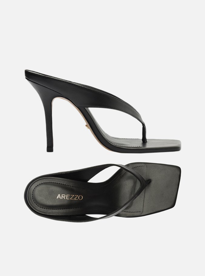 Tamanco Preto Couro Salto Alto Thong