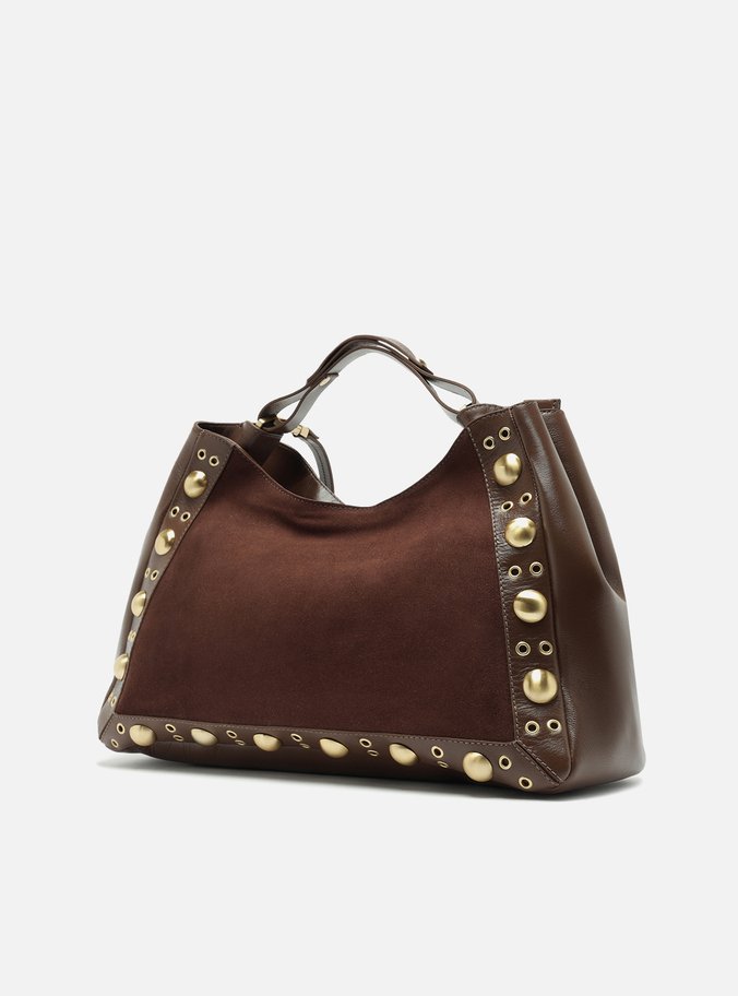 Bolsa Tote Marrom Couro Camurça Grande Metais