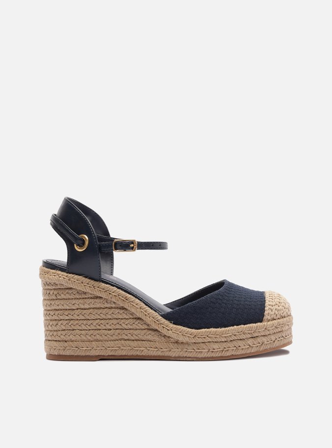 Sandália Espadrille Azul Tecido Plataforma Palha