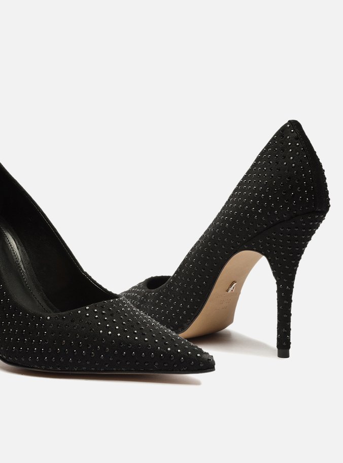 Scarpin Preto Camurça Salto Alto Strass