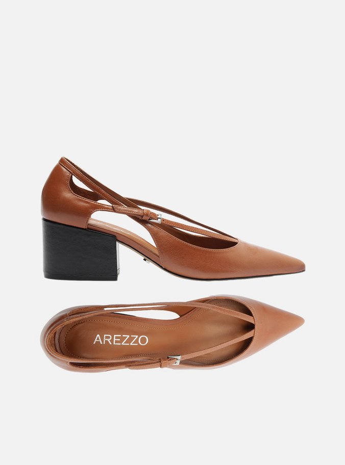 Scarpin Caramelo Couro Bloco Semi Aberto Tiras
