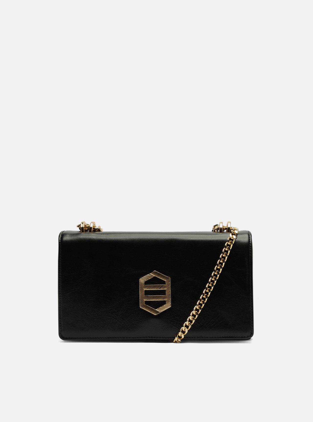 Bolsa Tiracolo Preta Couro Média Metal Dourado — foto 1
