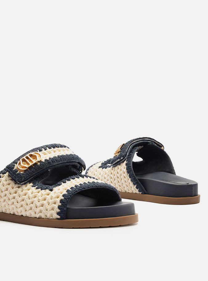 Sandália Papete Azul Crochê Cru Velcro