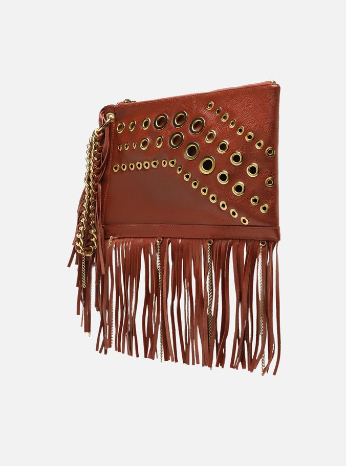 Clutch Laranja Couro Média Franjas Ilhoses