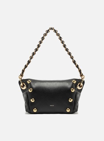Bolsa Tiracolo Preta Couro Média Rebites Corrente