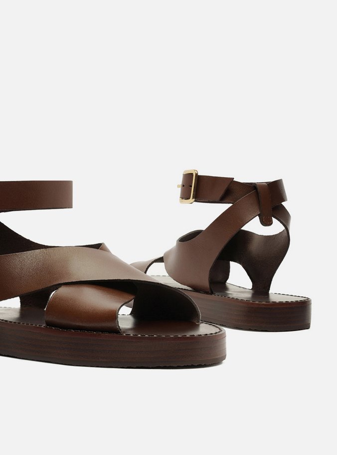 Sandália Marrom Couro Flatform Tiras Largas