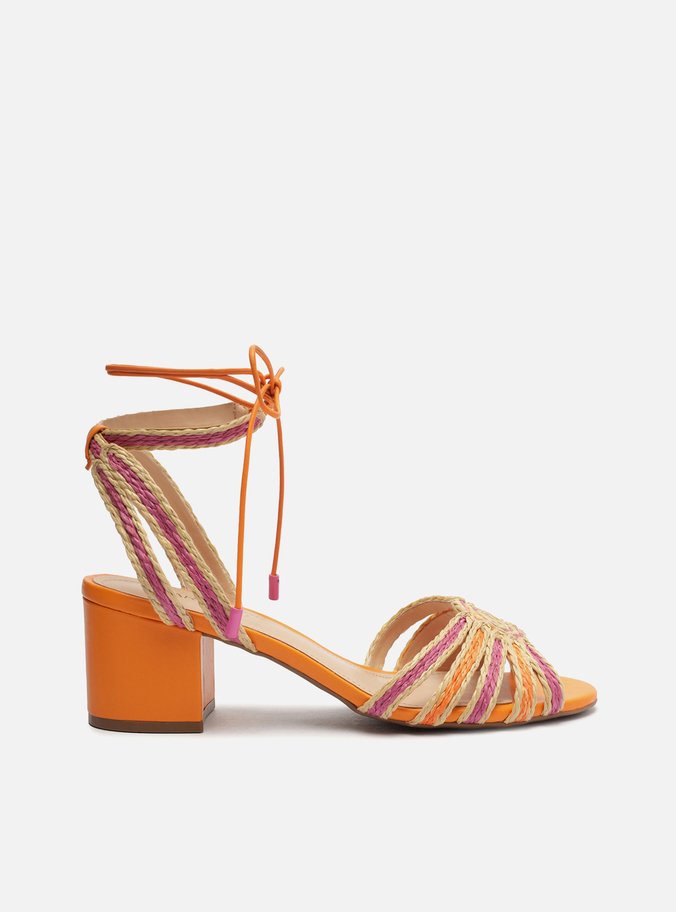 Sandália Laranja Salto Médio Bloco Bordada