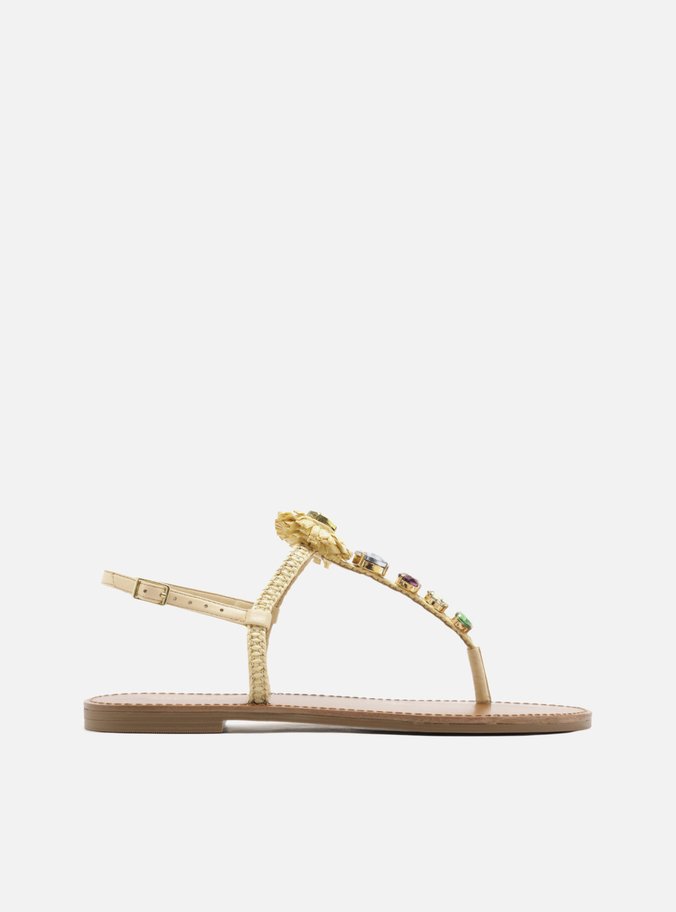 Sandália Rasteira Bege Ráfia Pedrarias Flores