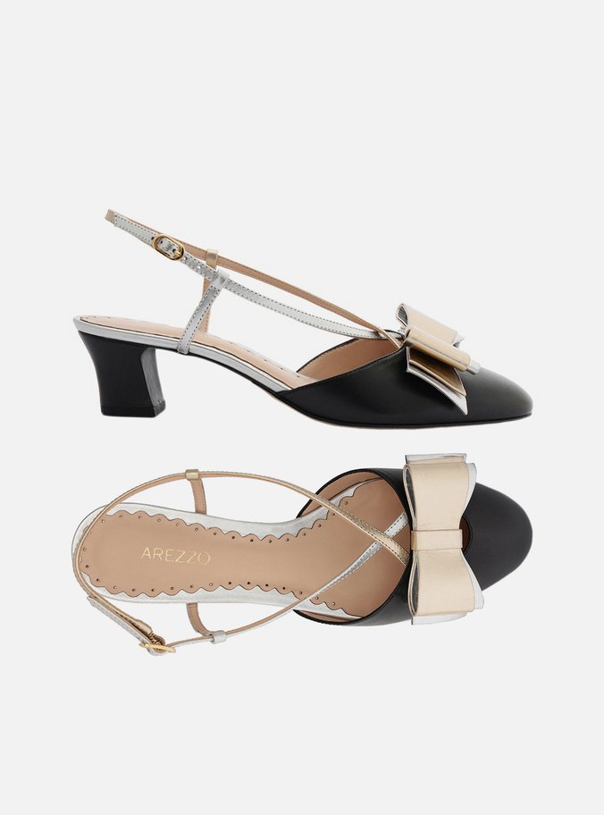 Scarpin Preto Couro Salto Baixo Slingback Laço
