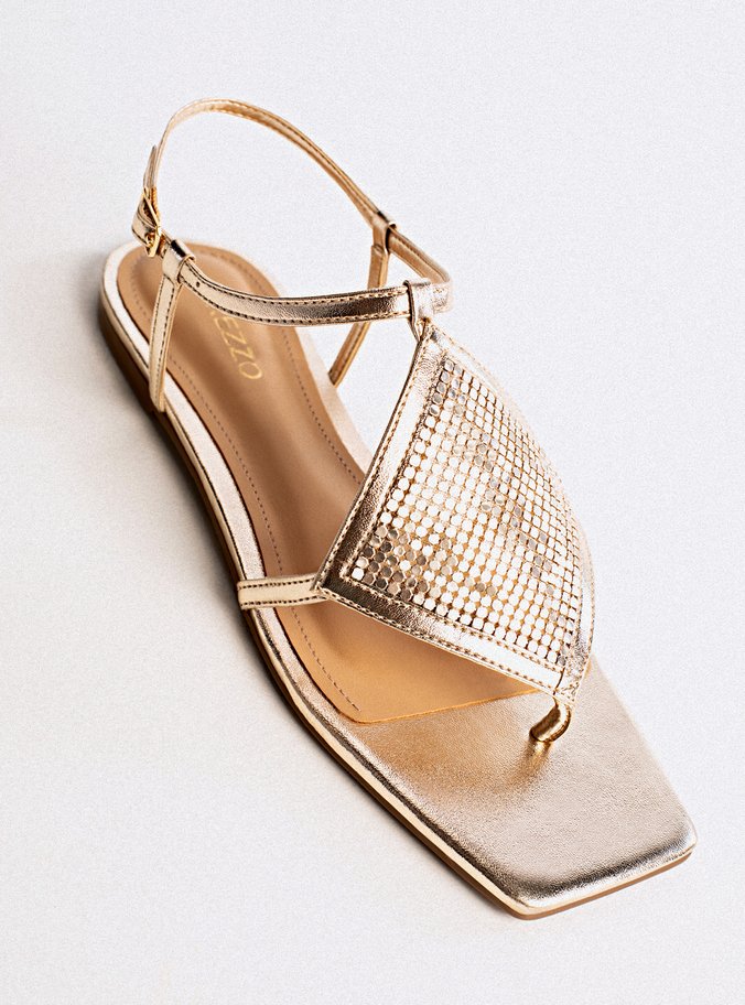 Sandália Rasteira Dourada Losango Tela