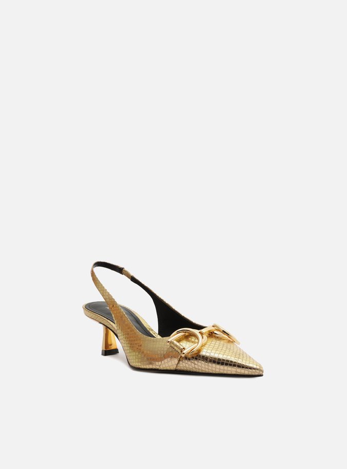 Scarpin Dourado Snake Bico Fino Slingback Bridão