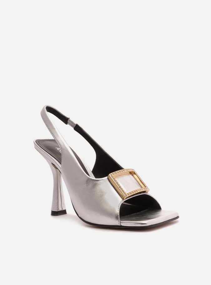 Sandália Prata Couro Salto Fino Slingback Gigi