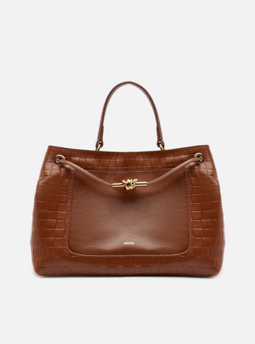 Bolsa Tote Caramelo Couro Tressê Grande Nó Metal