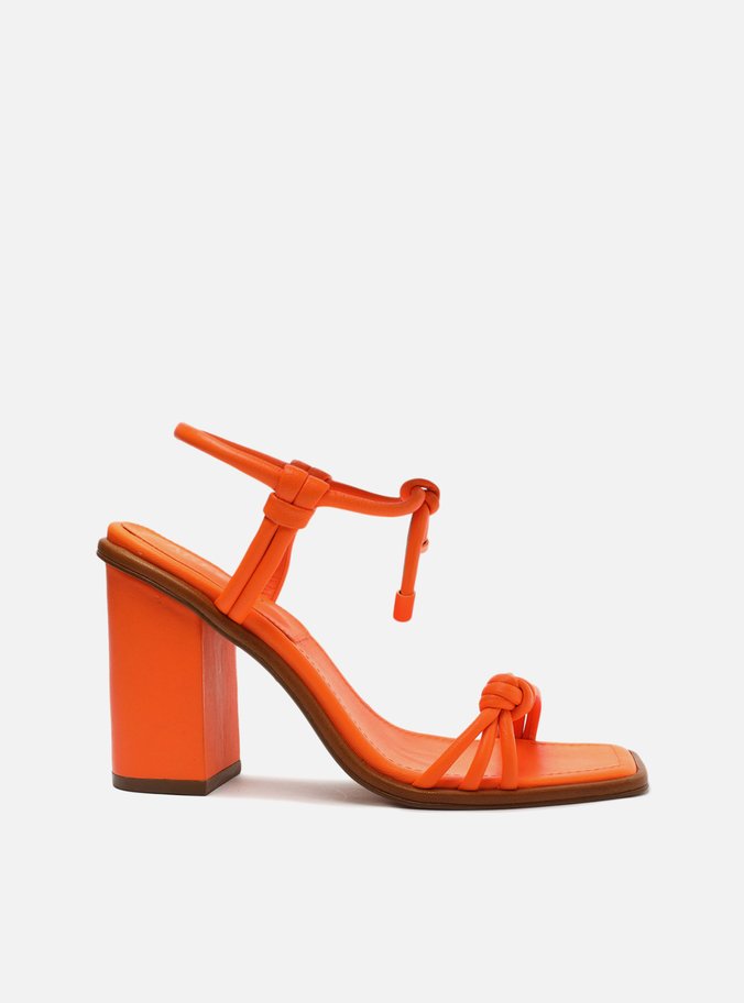 Sandália Laranja Couro Salto Alto Bloco Tiras