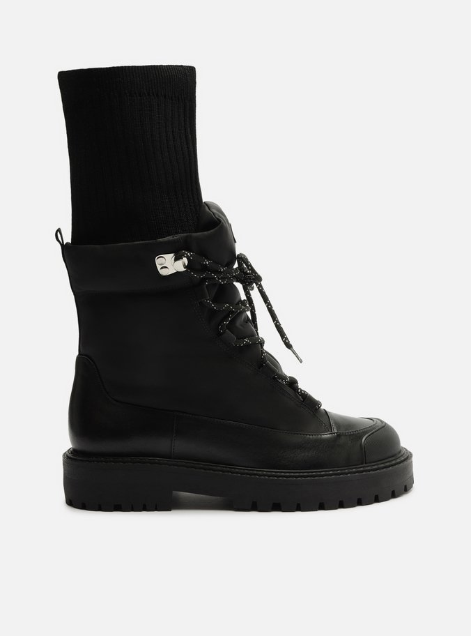 Coturno Preto Couro Knit Cano Médio Tratorado