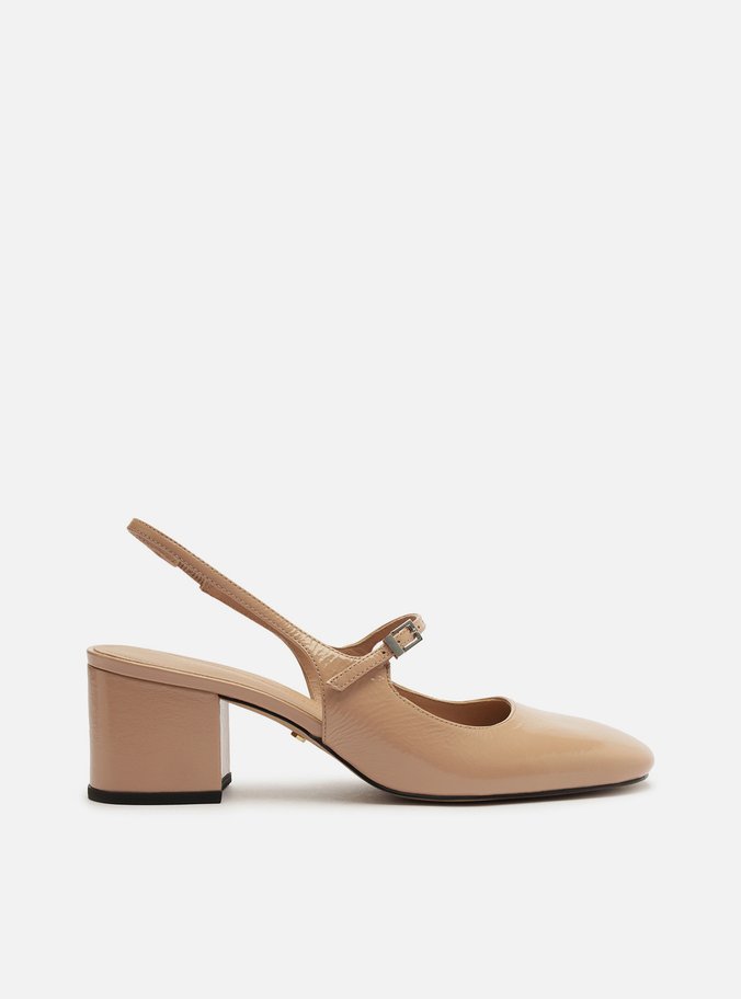 Sapato Boneca Bege Couro Bloco Slingback Classic