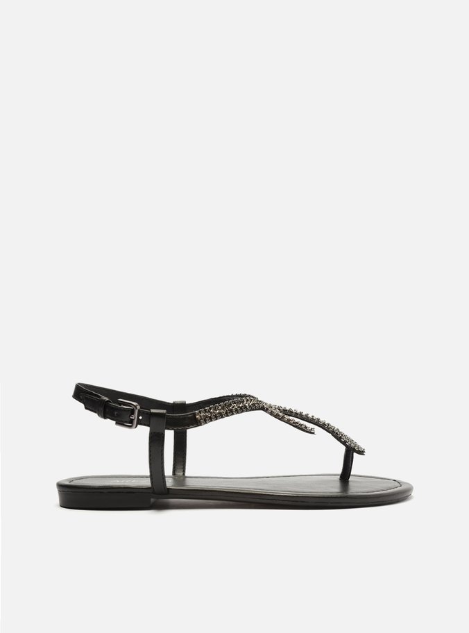 Rasteira Preta Tiras Slim Pedraria Snake