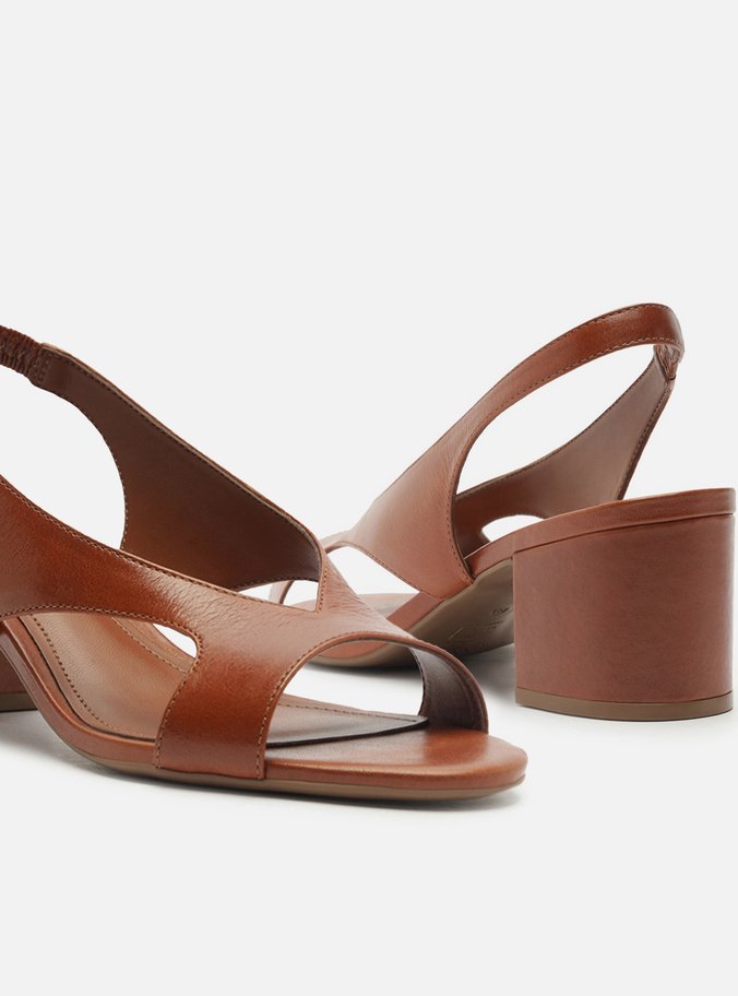 Sandália Marrom Couro Bloco Tira Larga Slingback