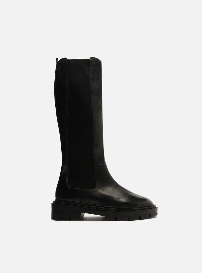Bota Preta Couro Cano Longo Elástico