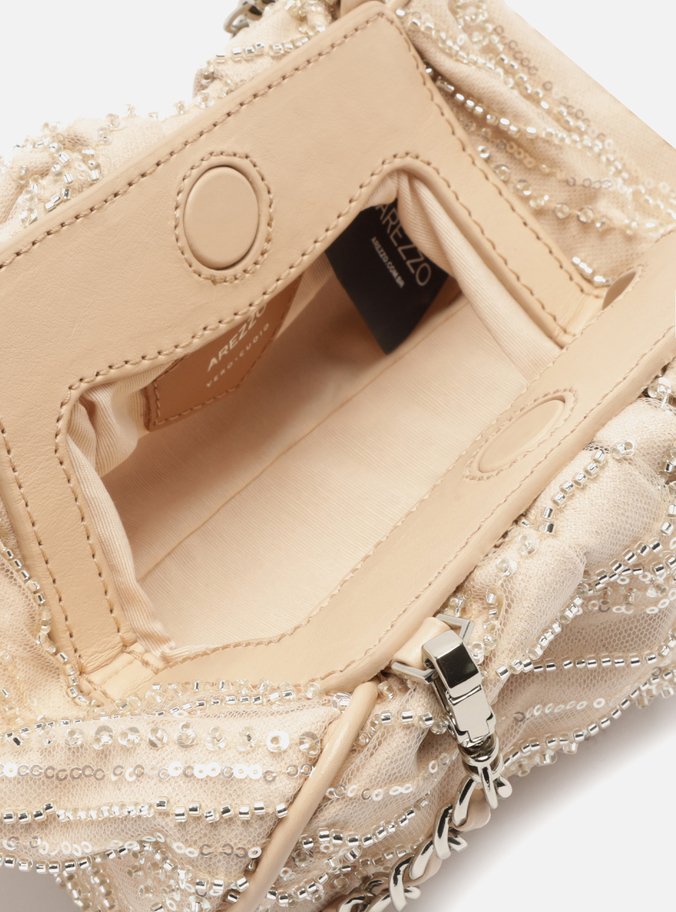 Bolsa Tiracolo Bege Tule Pequena Cristais