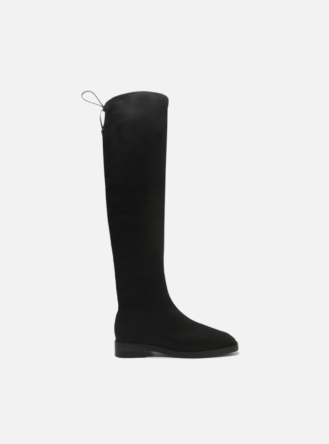 Bota Over The Knee Preta Tecido Salto Baixo