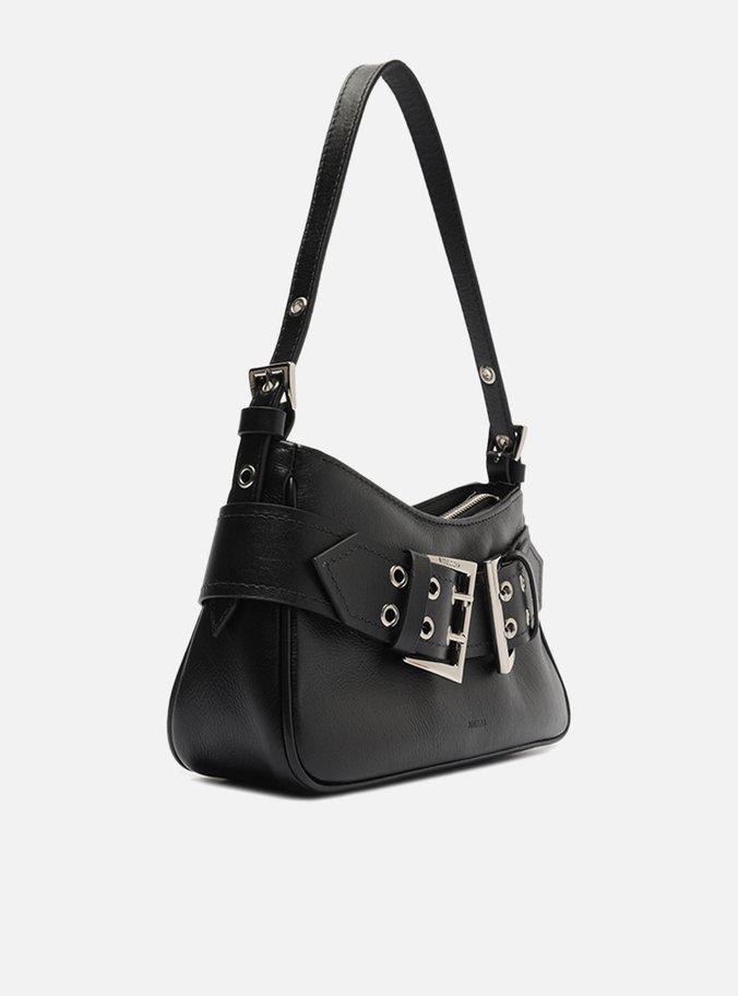 Bolsa Tiracolo Preta Couro Média Fivelas