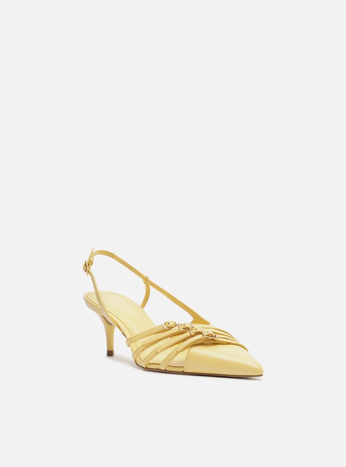Scarpin Amarelo Couro Salto Kitten Tiras Fivelas