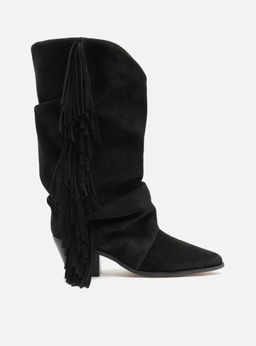 Bota Preta Suede Cano Alto Bloco Franjas