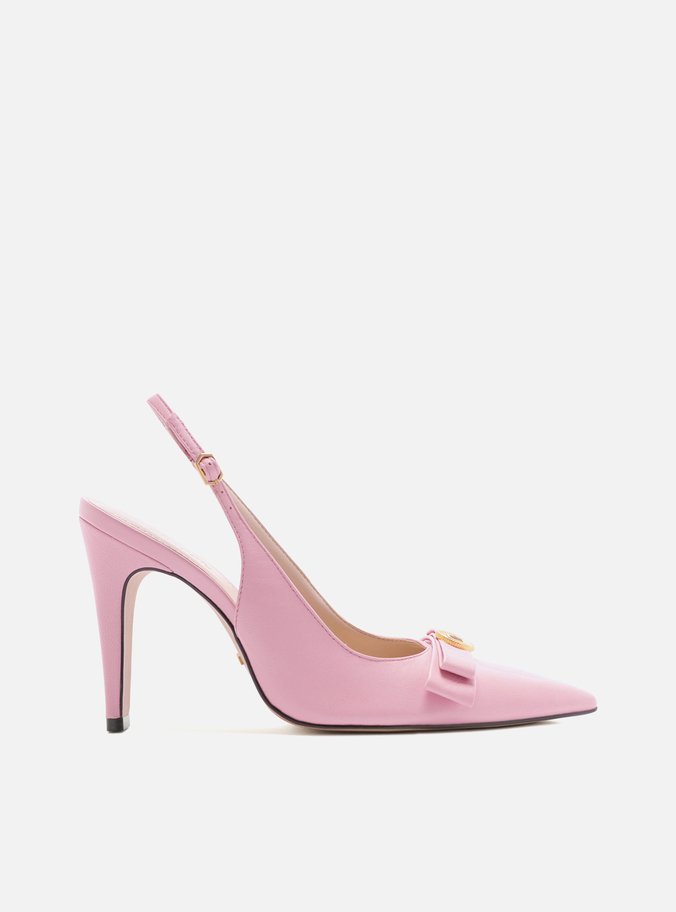 Scarpin Rosa Couro Bico Fino Slingback Laço