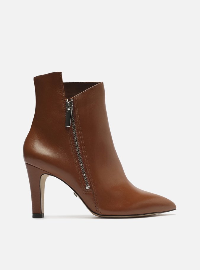 Bota Marrom Couro Cano Curto Salto Fino Zíper