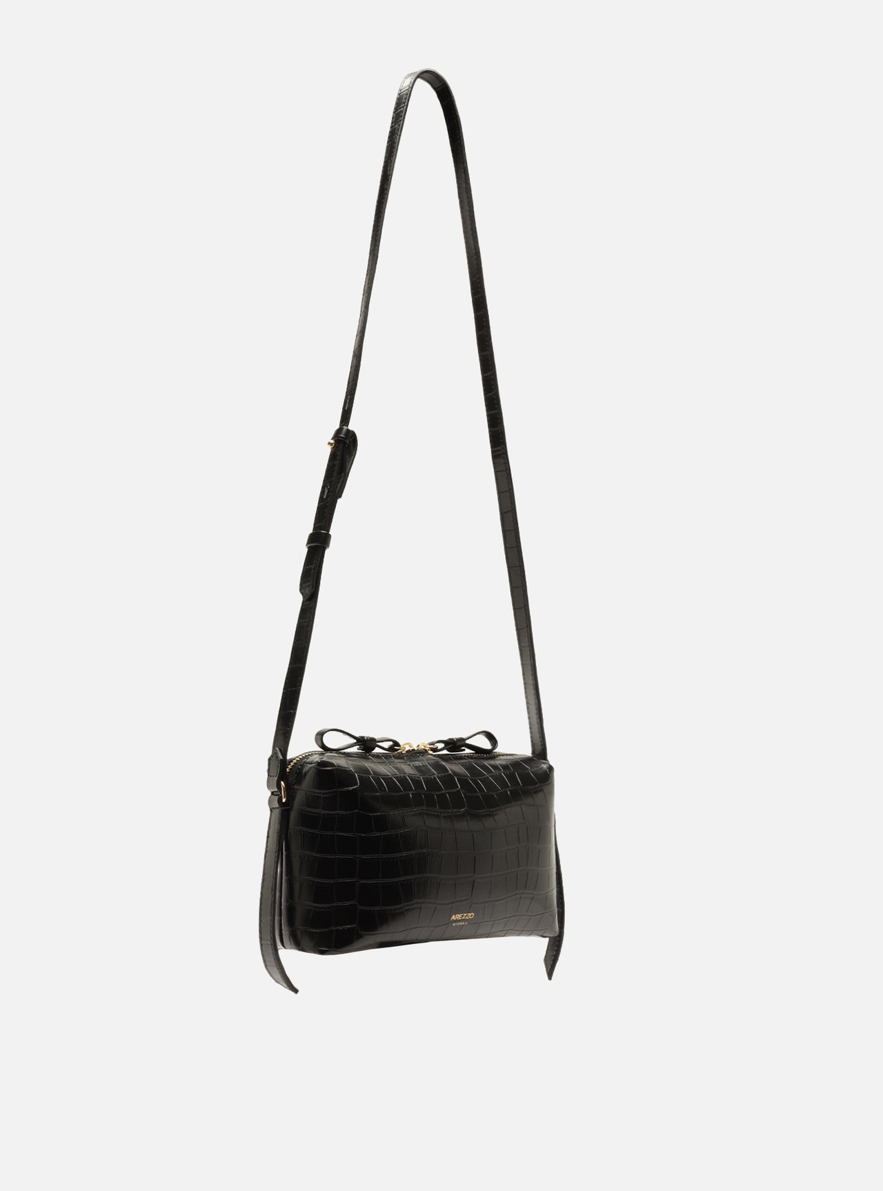 Bolsa Tiracolo Preta Pequena Croco Placa Dourada — foto 5