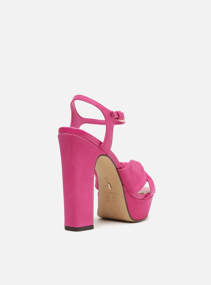 Sandália Rosa Nobuck Meia Pata Salto Alto Bloco