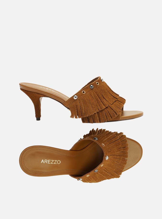 Mule Marrom Clara Camurça Salto Fino Franjas