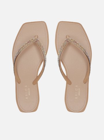 Chinelo de Dedo Bege Square Strass