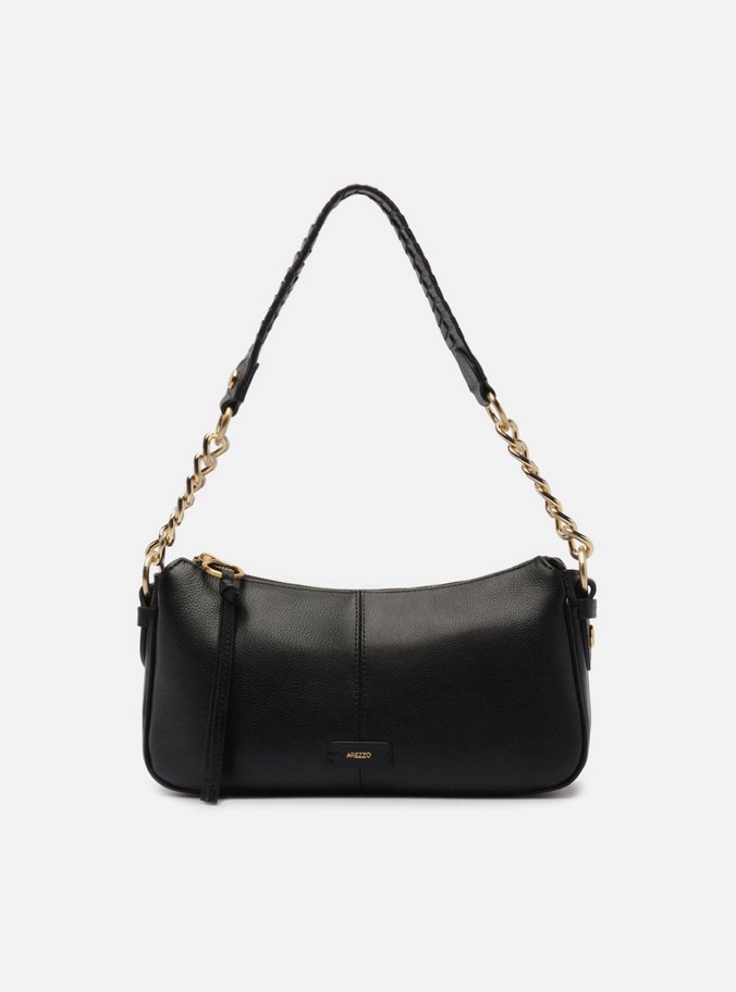 Bolsa Shoulder Preta Couro Média Costura Corrente