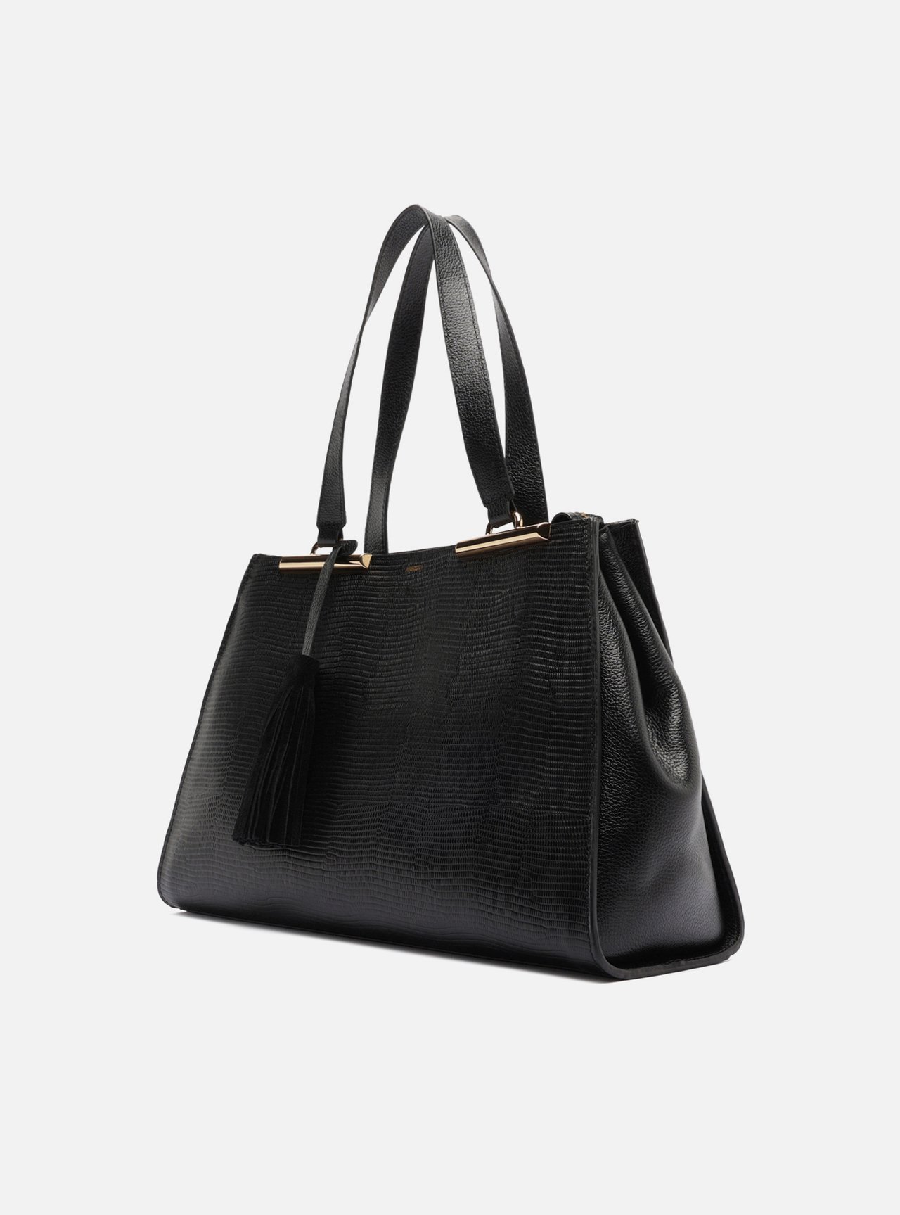 Bolsa Shopping Preta Couro Grande Croco Franja — foto 2