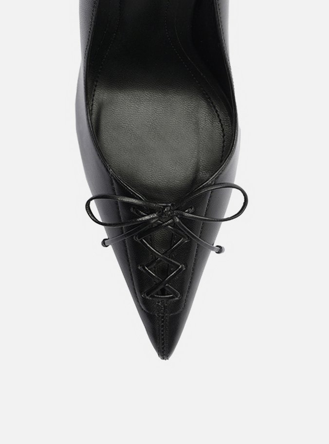 Scarpin Preto Couro Salto Alto Fino Lacing