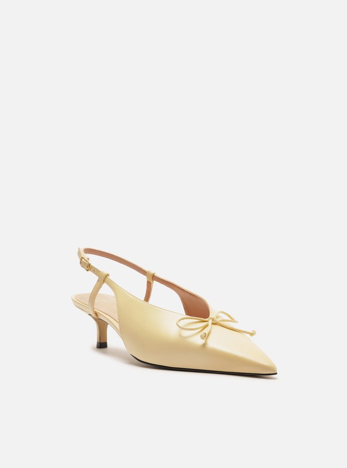 Scarpin Amarelo Couro Bico Fino Slingback Laço