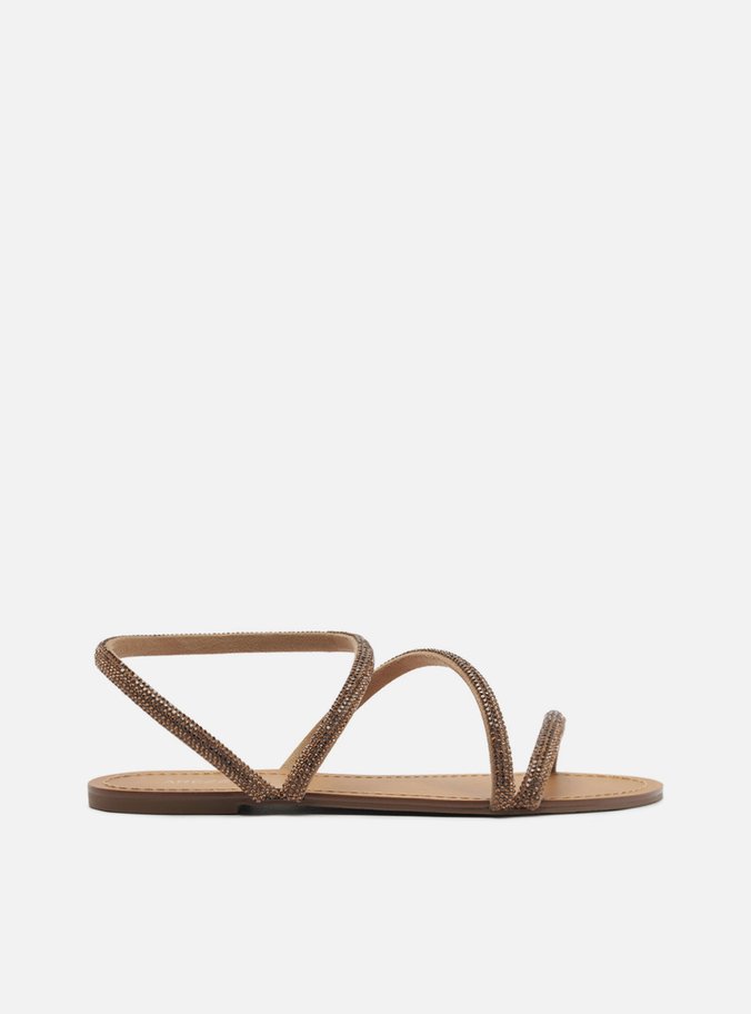 Sandália Rasteira Bronze Strass Tira Curva
