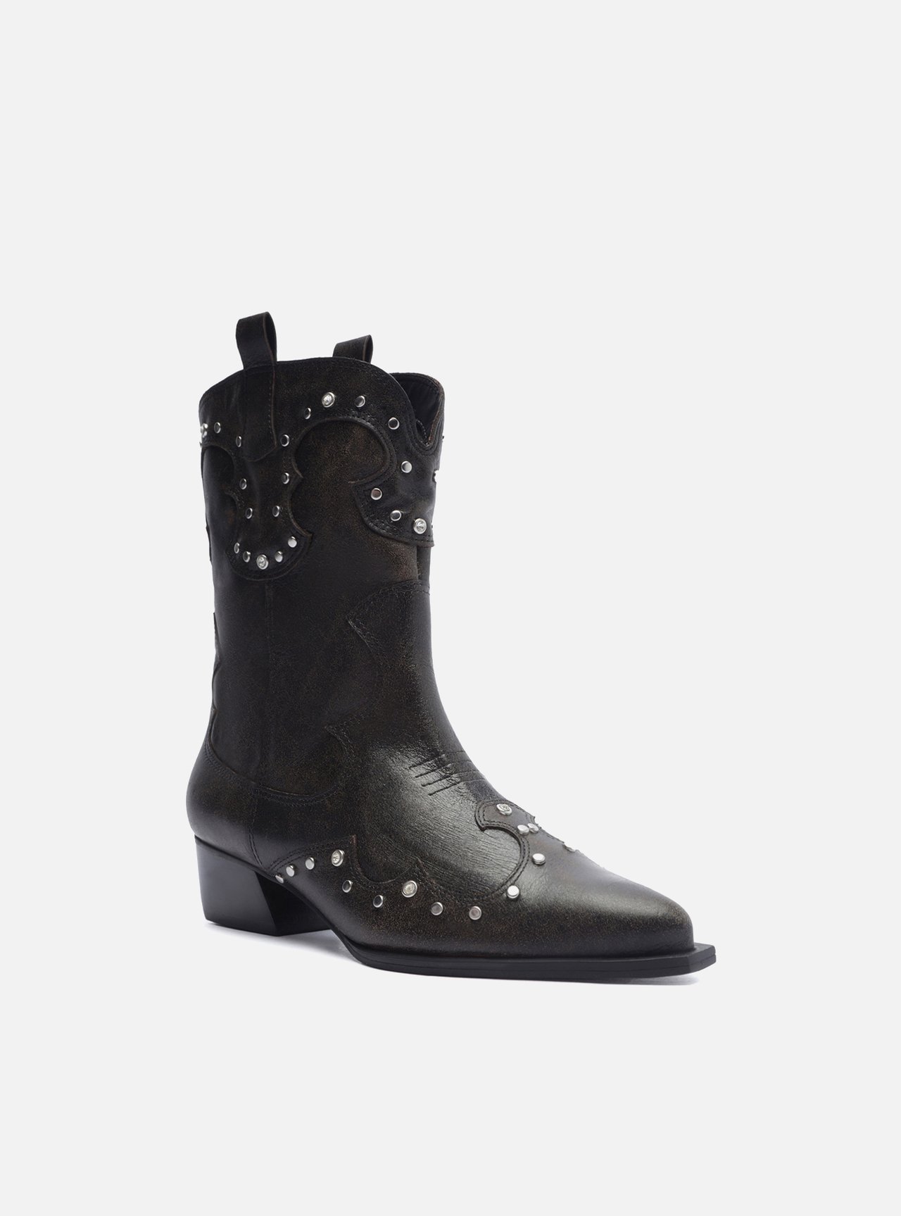 Bota Preta Couro Worn Cano Curto Western Folk — foto 2