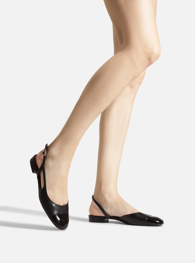 Sapatilha Preta Couro Slingback Cap Toe Verniz