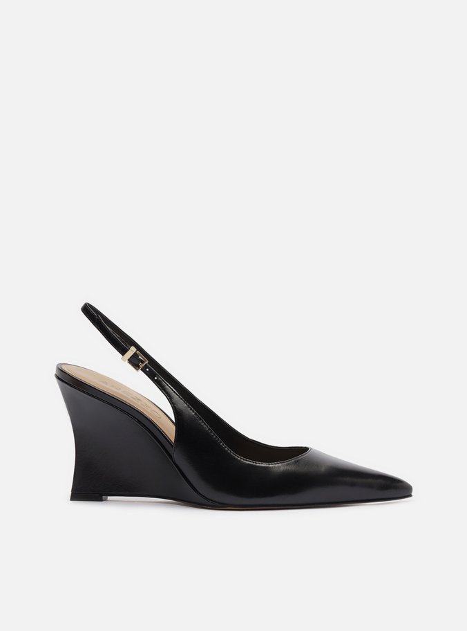 Scarpin Preto Couro Salto Alto Anabela Slingback